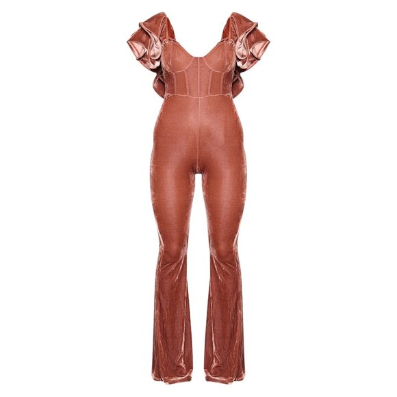 PrettyLittleThing Size 0 Brown Velvet Jumpsuit Ruffle Sleeves Lace-Up Detail NWT - Picture 5 of 16